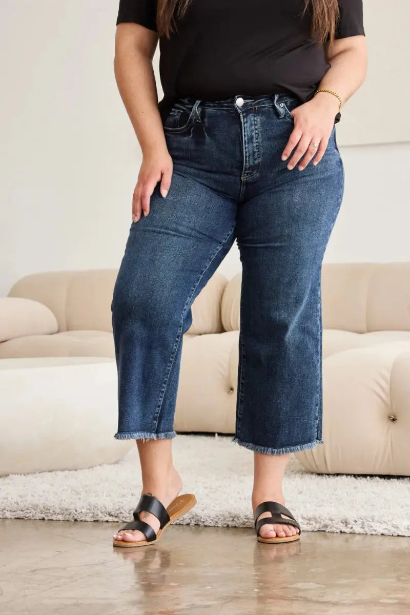 RFM Full Size Tummy Control High Waist Raw Hem Jeans - Love Salve
